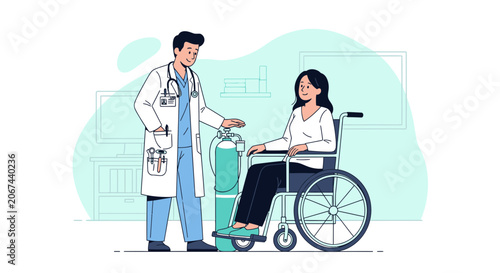 Medical Professional Attending to Patient in Wheelchair Near Oxygen Tank Illustration