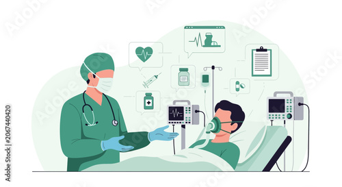 Medical Professional Attends to Patient in Hospital Room, Medical Treatment and Diagnostics