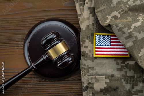 Military law and legal system concept with court gavel , representing justice, discipline and veteran affairs