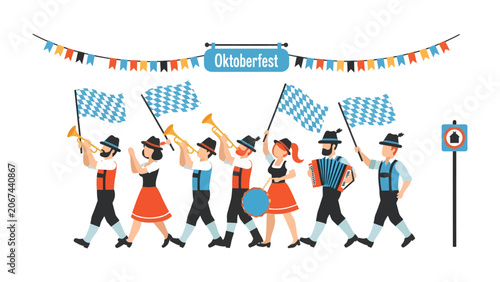 Photos Oktoberfest Parade in Traditional Costume: A lively procession of people in Bavarian attire, carrying flags and playing instruments, marches under colorful bunting
