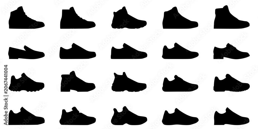 Fototapeta premium Sneakers in Various Styles and Designs Shown as Black Silhouettes on a White Background Featuring Athletic Shoes, Casual Footwear, Running Shoes