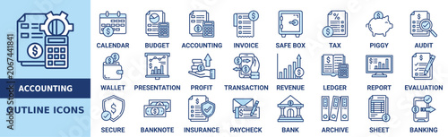 Accounting icon set. Containing budget, invoice, calendar, tax, piggy, bank, wallet and more. Outline vector icons collection