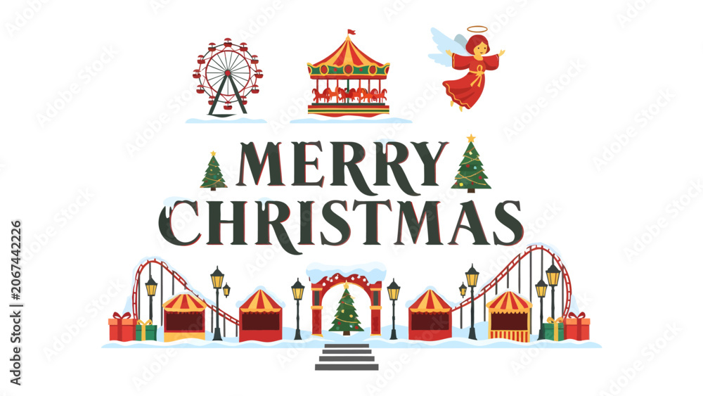 Naklejka premium Christmas Carnival Celebration: A festive Christmas carnival scene features a Ferris wheel, carousel, and roller coaster, surrounded by market stalls, holiday lights, and a charming angel.