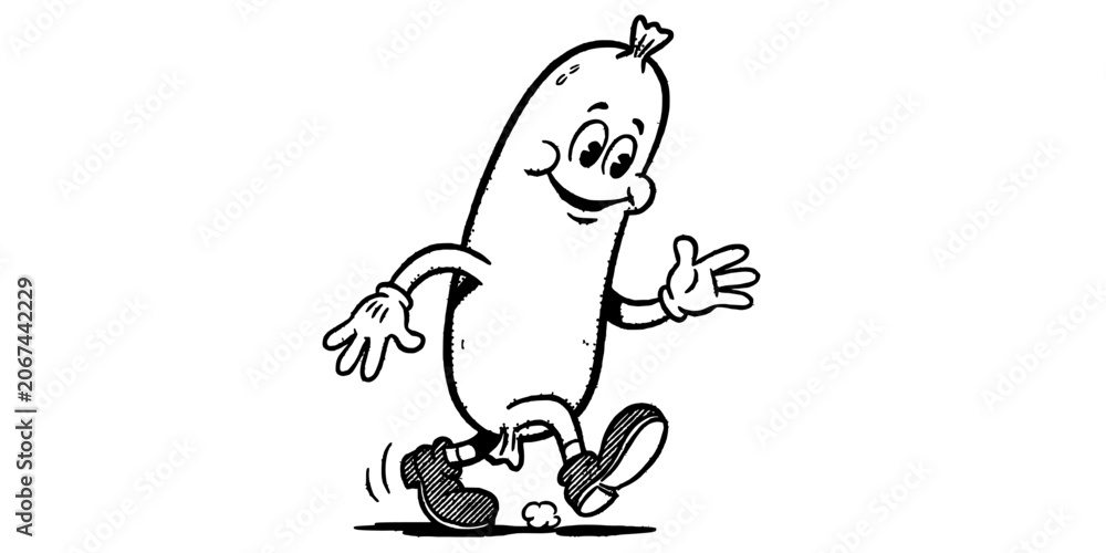 Fototapeta premium Rubber Hose Cartoon Character Running with a Happy Expression in Black and White Featuring Vintage, Illustration, Animated with Smiling and Arms