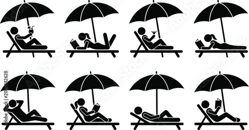 Canvastavla Silhouette of girl sunbathing on the beach, Silhouette vector a person relaxing