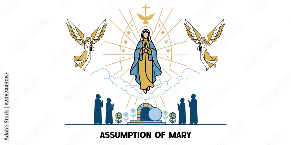 Obraz premium Assumption of Mary with Angels and Holy Spirit Christian Catholic Religious Vector Illustration