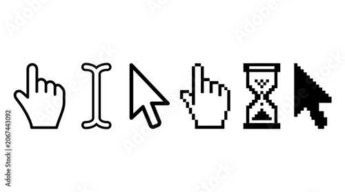 Fotografie A graphic illustration of various computer cursor icons including hand, I-beam, arrow, pointing hand, and hourglass symbols