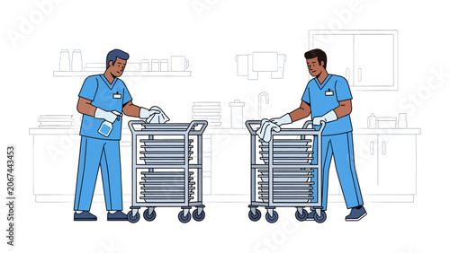 Foto Healthcare Sanitation: Two male nurses in blue scrubs meticulously clean medical carts in a brightly lit hospital ward, ensuring hygiene and patient safety