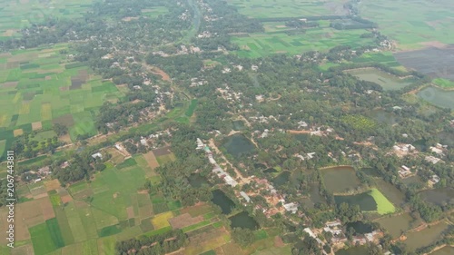 Landscape Aerial View Over Countryside Farms and Winding River Through Green Trees and Scattered Houses Under Daylight