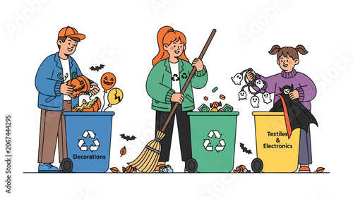 Post-Halloween Cleanup: Three individuals diligently sort and dispose of Halloween decorations and other waste into designated recycling bins.