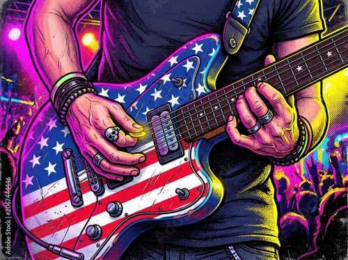 Patriotic electric guitar with American flag design, rock musician playing on stage. Vibrant comic style illustration of a live concert performance.