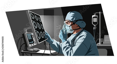 Medical Professional Carefully Assesses Patient Scans While Wearing Protective Gear for Safety