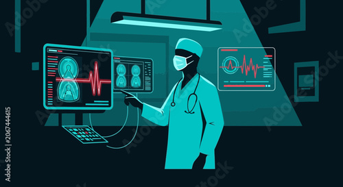 Medical Professional Carefully Assesses Patient Data on Futuristic Diagnostic Screens Design