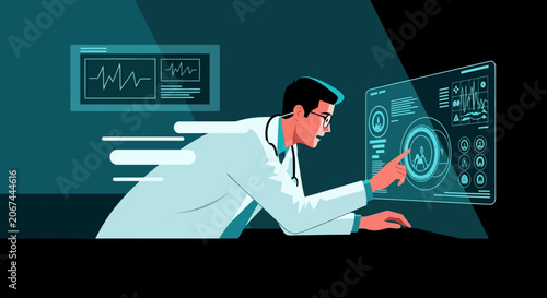Medical Professional Carefully Assesses Data on Technological Screen for Patient Wellness Report