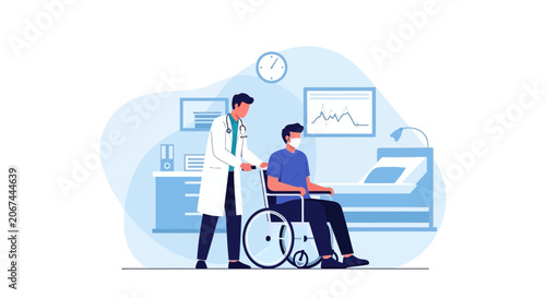 Medical Professional Carefully Assisting Patient in Wheelchair Through Hospital Setting