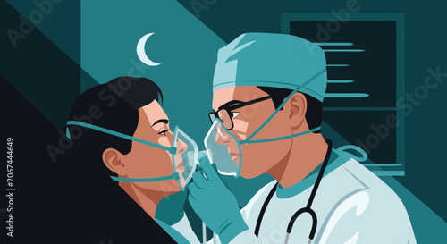Medical Professional Carefully Assisting a Patient with Oxygen Mask Under Moonlight