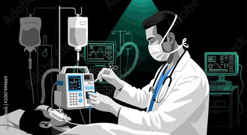 Medical Professional Carefully Cares for Patient Under Constant Monitoring System in Hospital