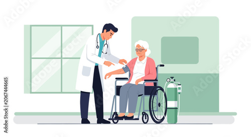 Medical Professional Carefully Checks Blood Pressure Of Elderly Patient In Wheelchair