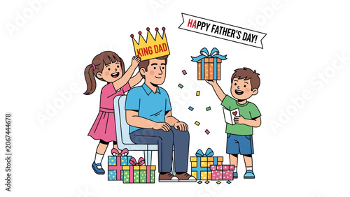 Foto A Royal Father's Day Tribute: A father is crowned King Dad by his adoring children, surrounded by colorful gifts and a banner proclaiming Happy Father's Day! symbolizing love and appreciation