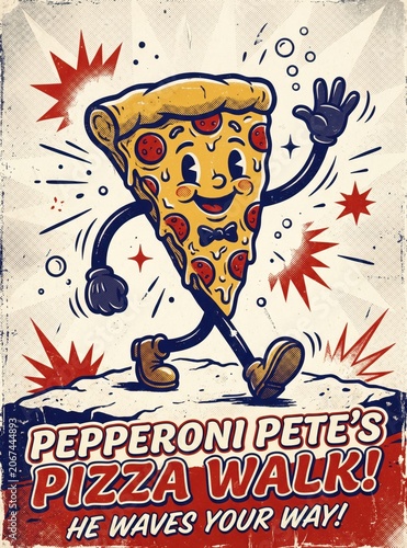 Vintage rubber hose pizza character poster, retro pepperoni slice mascot illustration, classic comic style food advertisement
