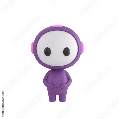 Cute 3D render Purple Bot character standing politely with both hands gently placed on the stomach, calm and respectful posture, friendly mascot style, isolated on white background.