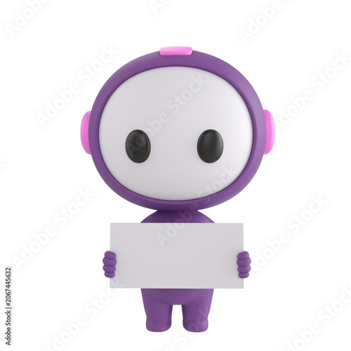 Cute 3D render Purple Bot character standing and holding a small blank white sign, neutral and versatile pose for messages or announcements, isolated on white background.