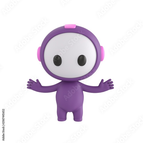 Cute 3D render Purple Bot character standing with arms spread in a surprised reaction, isolated on white background.