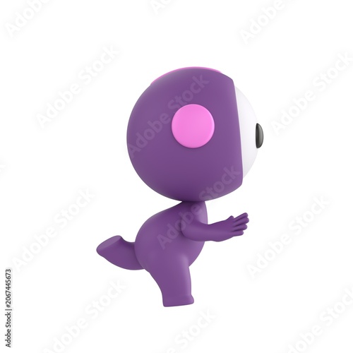 Cute 3D render Purple Bot character stumbling and about to fall while running, side view to the camera, playful and dynamic motion pose, isolated on white background.