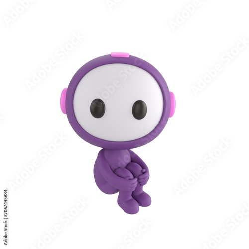Cute 3D render Purple Bot character sitting and hugging its knees, looking up at the camera with a gentle and thoughtful expression, isolated on white background.