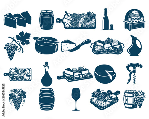 Wine and Cheese Tasting Icons Vector Collection