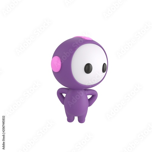 Cute 3D render Purple Bot character standing with hands on hips, body facing forward while looking to the side, confident and thoughtful pose, isolated on white background.