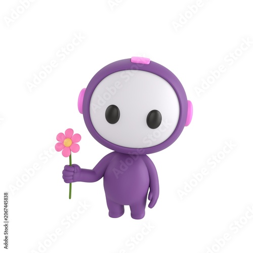 Cute 3D render Purple Bot character standing and holding a flower, gentle and charming pose, isolated on white background.