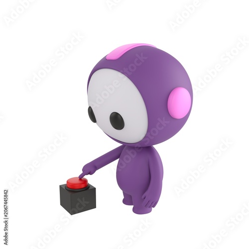 Cute 3D render Purple Bot character pressing a red button with one finger, side view, focused and intentional action pose, isolated on white background.