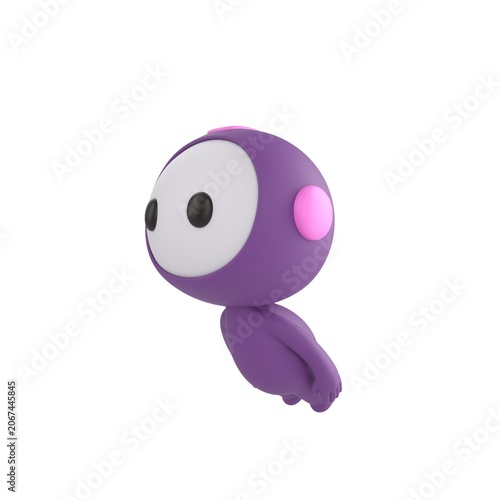 Cute 3D render Purple Bot character flying forward through the air, dynamic motion pose with body stretched ahead, isolated on white background.