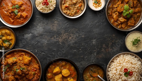 Assorted Indian Curries Rice Bowls Thali Feast Dark Background
