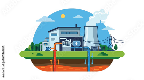Geothermal Energy Power Plant Illustration With Scenic Background