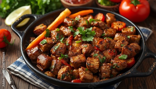 Rustic Meat Stew Cast Iron Skillet Carrots Fresh Herbs