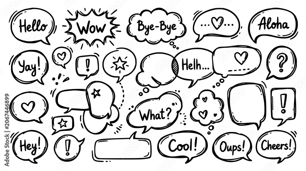 Obraz premium Speech Bubbles with Various Phrases and Symbols in a Black and White Line Drawing Style Featuring Illustration, Communication
