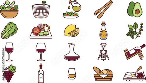 Salad Making and Wine Tasting Icon Set with Fresh Vegetables Culinary Tools Dressing Bottle and Cheese Board Line Art Vectors for Restaurant Menus