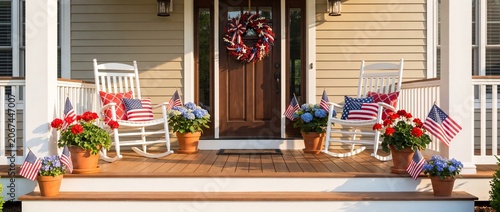 Festive american porch decor with rocking chairs patriotic wreath flags and blooming flowers evoking holiday spirit