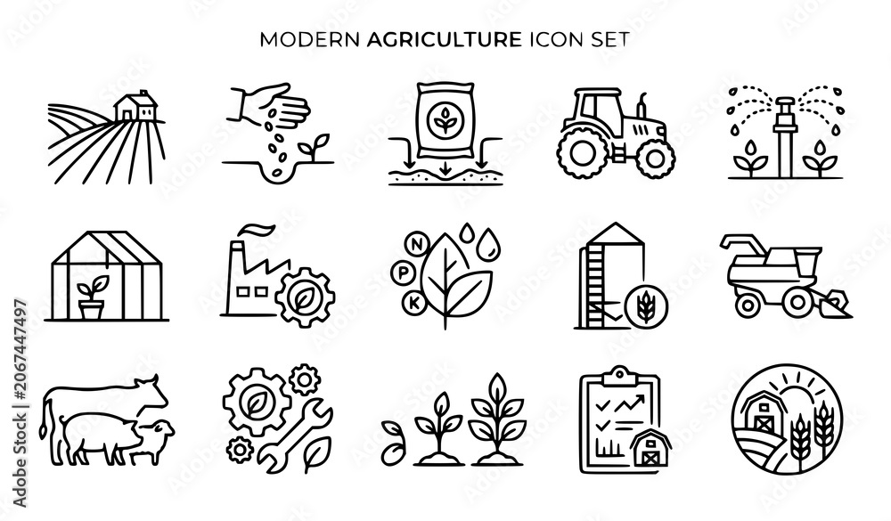 Fototapeta premium Farm and agro industry vector icon collection agriculture symbols