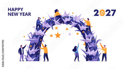 Quadro su tela Happy New Year 2027 Arch Decoration: A group of diverse people work together to decorate a festive arch with paper cranes and stars