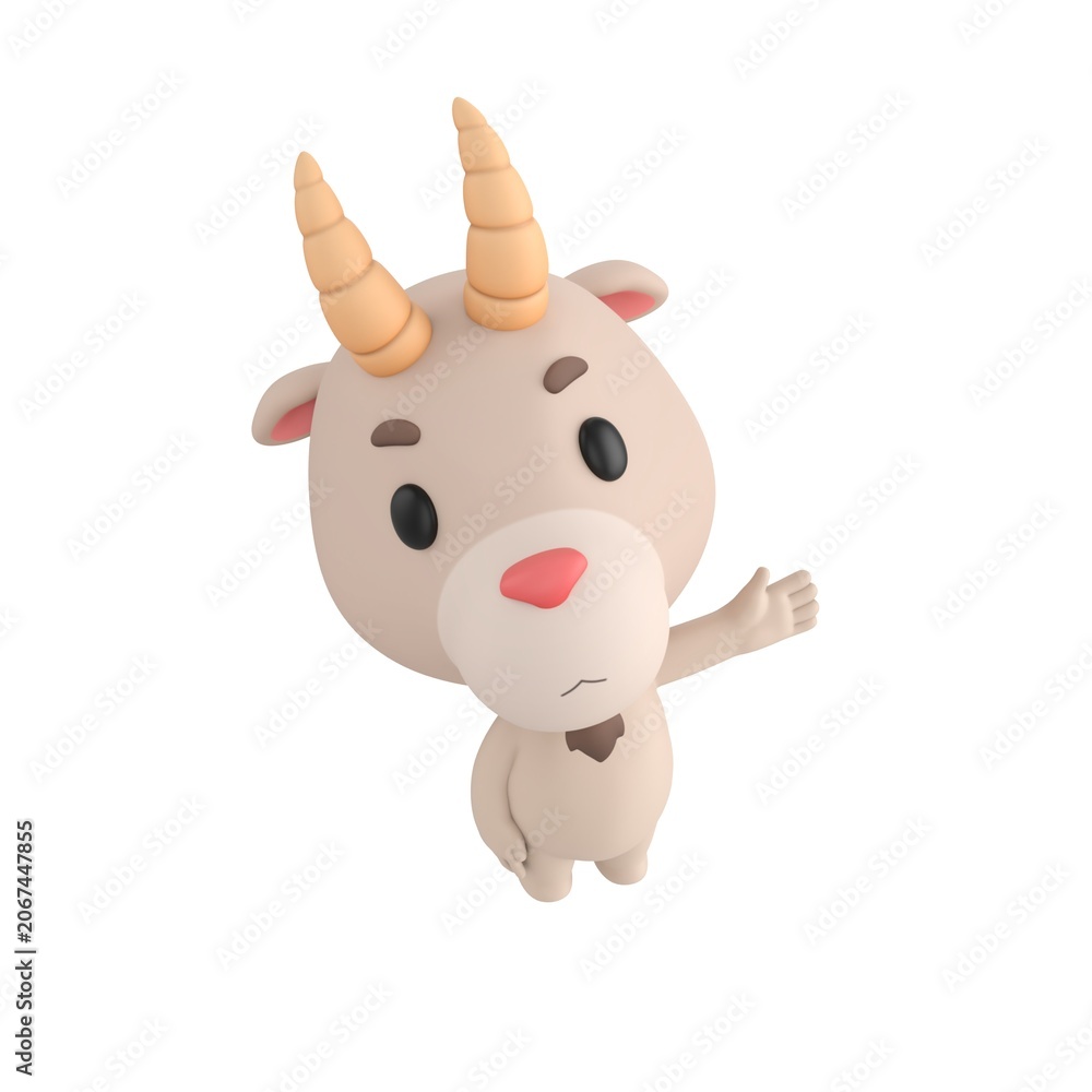 Obraz premium Cute 3D render Little Goat character looking up at the camera while gesturing to the side with one hand, friendly and welcoming pose, isolated on white background.
