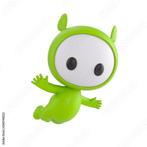 Cute 3D render Green Little Monster character flying freely in the air, joyful and carefree mascot style, isolated on white background for freedom, imagination, and digital design.
