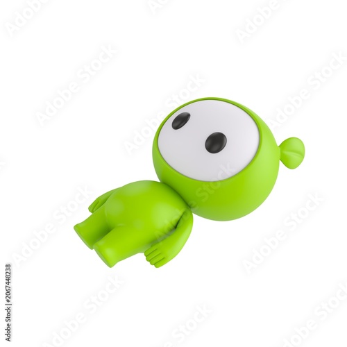 Cute 3D render Green Little Monster character lying still on the ground, calm and resting mascot style, isolated on white background.
