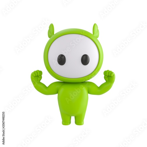 Canvas-taulu Cute 3D render Green Little Monster character flexing muscles to show strength, confident and powerful mascot style, isolated on white background