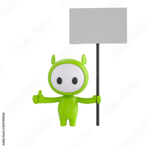 Cute 3D render Green Little Monster character holding a blank sign with one hand and giving a thumbs up with the other, friendly and positive mascot style, isolated on white background.