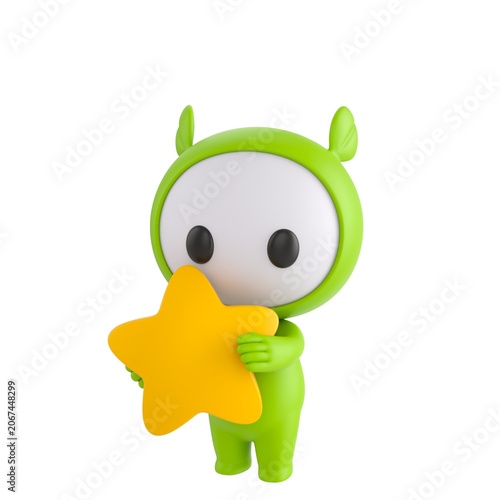 Cute 3D render Green Little Monster character hugging a star, showing love, warmth, and appreciation, isolated on white background.