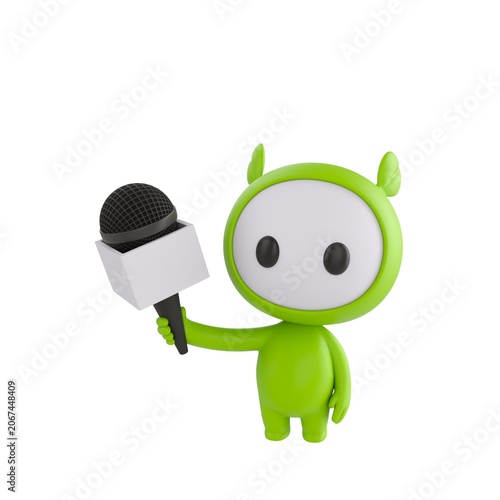 Cute 3D render Green Little Monster character standing and holding a microphone, conducting an interview in a reporter-style pose, friendly and professional, isolated on white background.