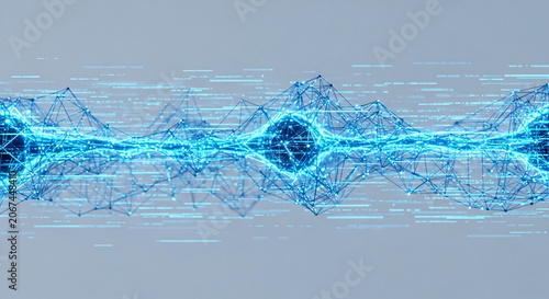 A futuristic blue network graphic with interconnected nodes and lines on a gray background, showcasing a complex web-like structure in a horizontal layout.
